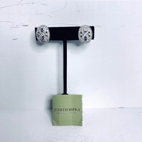 Judith Ripka Oval Sterling Silver, CZ And Amethyst Clip On Earrings (5984) - Picture 1 of 6